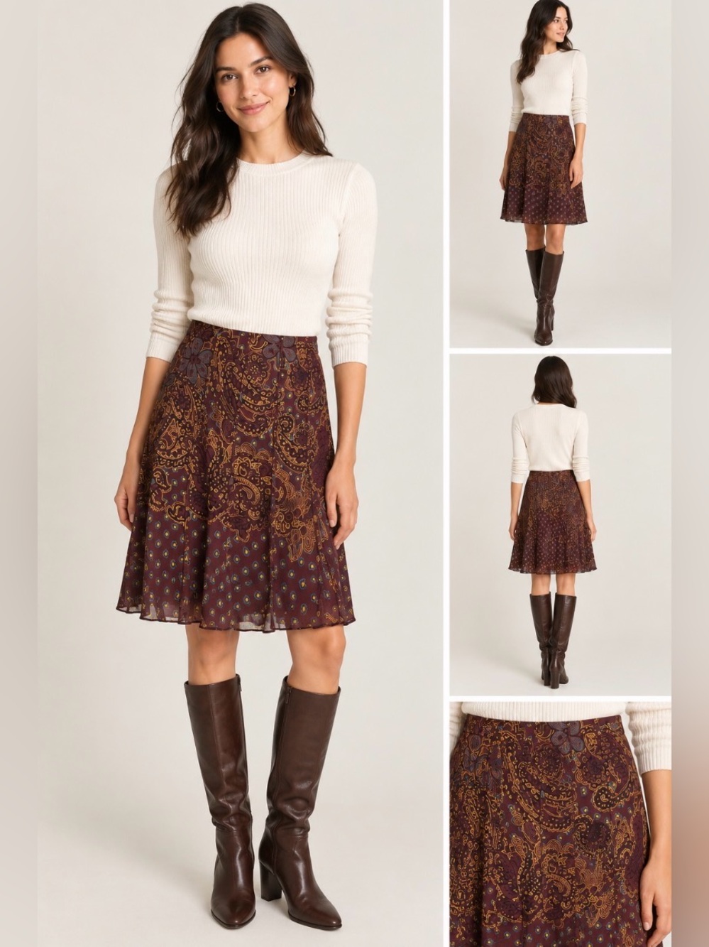 Vintage-Inspired Jones New York Collection 100% Silk Paisley Print Midi Skirt